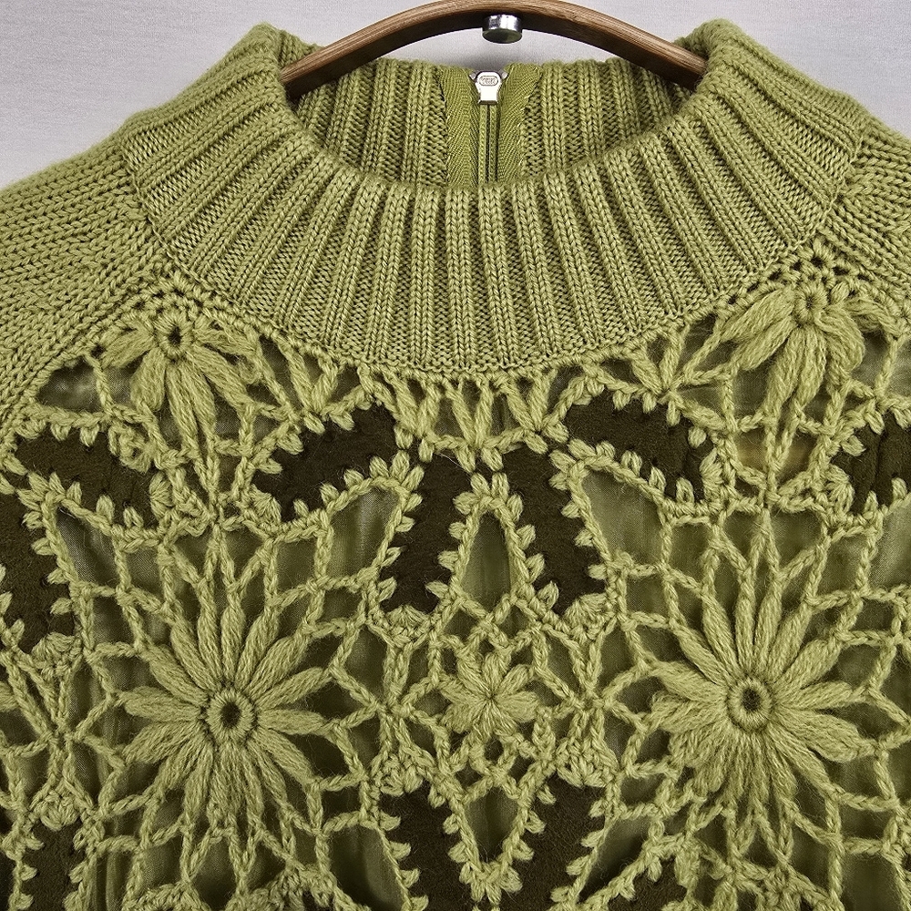 Vintage Suede Wool Crochet Mock Neck Sweater Floral Embroidered - Picture 3 of 12